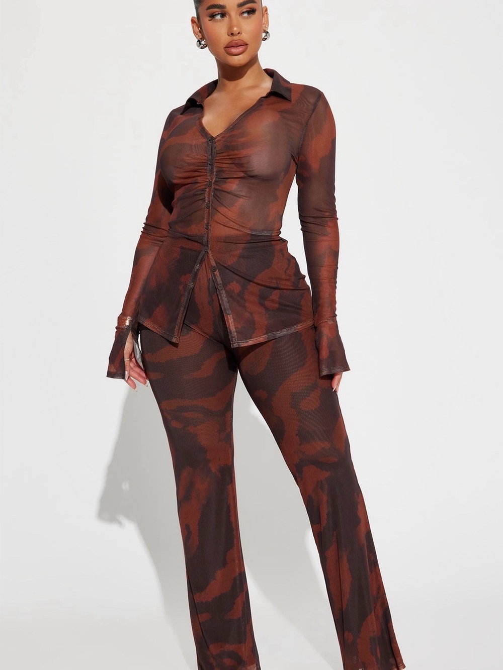 Sheer Ruched Collar Set in Rust/Black